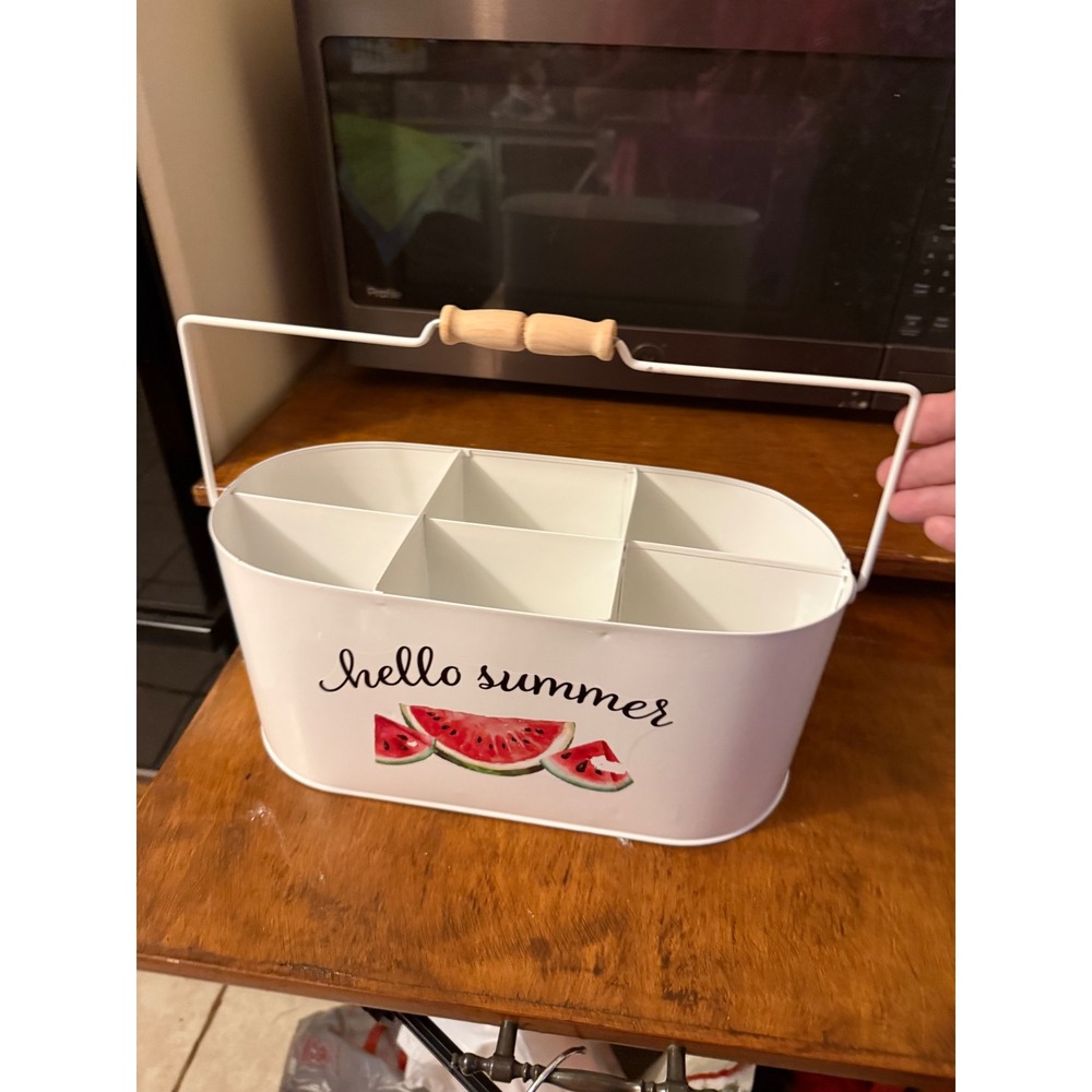 Hello Summer White Metal Utensil Caddy Watermelon 6 Section Picnic Organizer